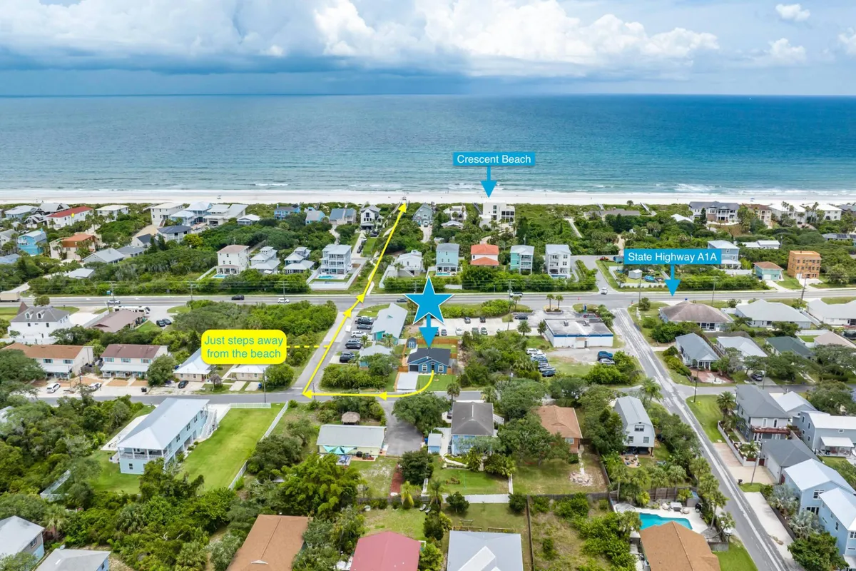 Aerial map showing the short walk from Madison By The Sea to Crescent Beach, with State Highway A1A labeled